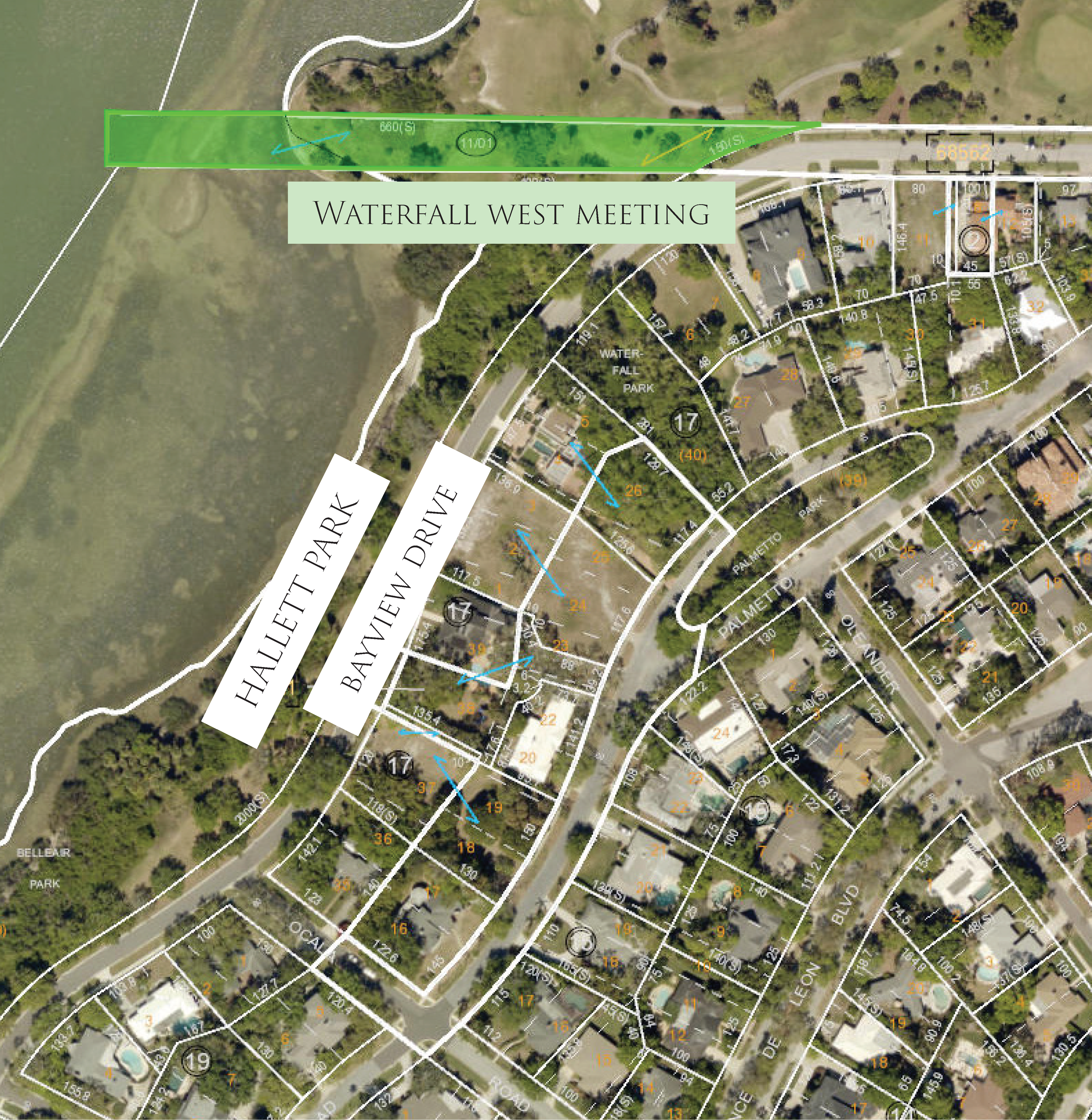A map of of the bluff in Belleair with labels for Hallett Park, Bayview Drive, and the Waterfell Wes