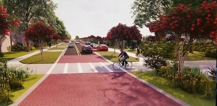 An artist's rendering of the completed Rosery Road Project, complete with a pedestrian crossing l