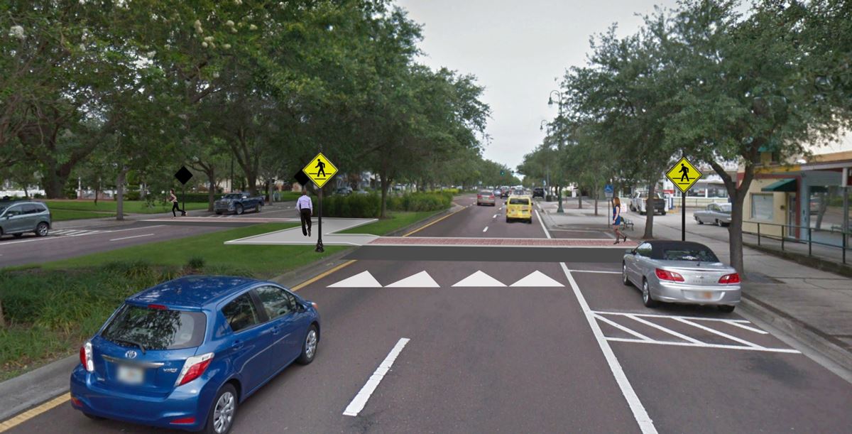 A rendering of the updated West Bay Drive, complete with a crosswalk, sidewalks, and new road paint