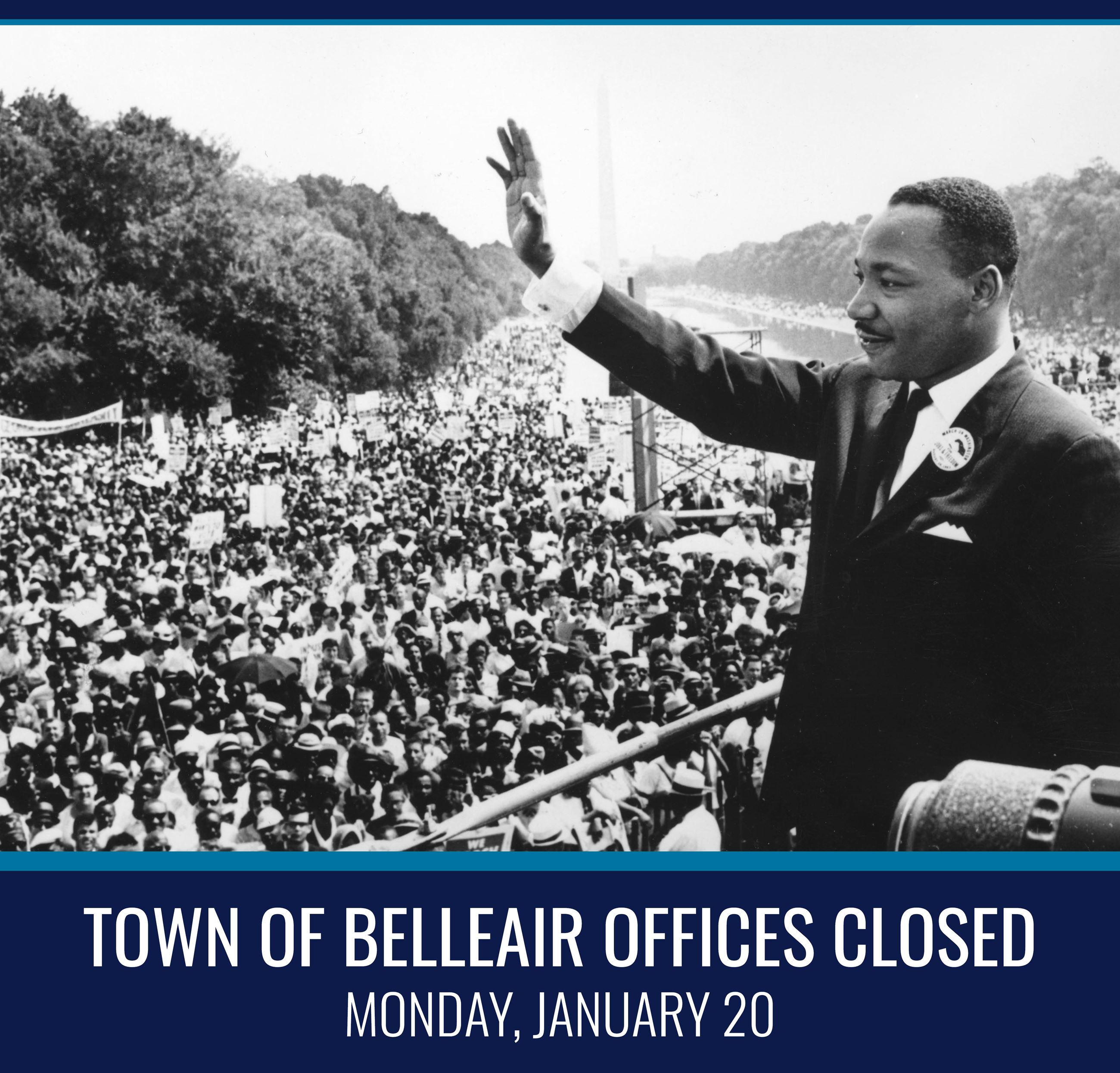 Dr. Martin Luther King Jr. waves to a crowd in a black-and-white photo. Underneath: 