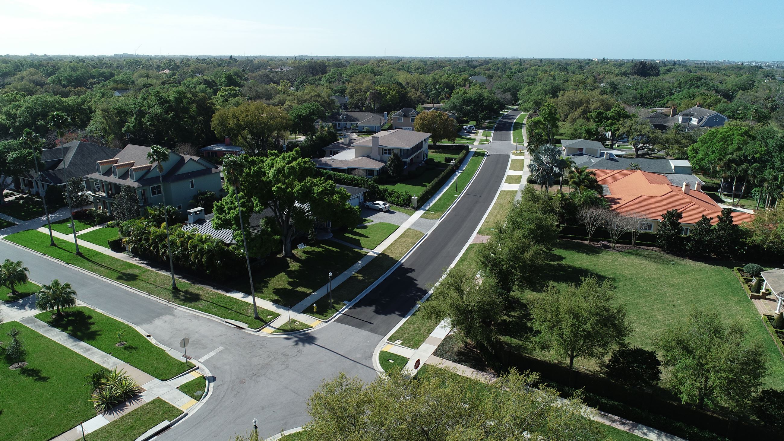 An aerial view of the completed Palmetto Road features the smooth resurfacing through the neighborho