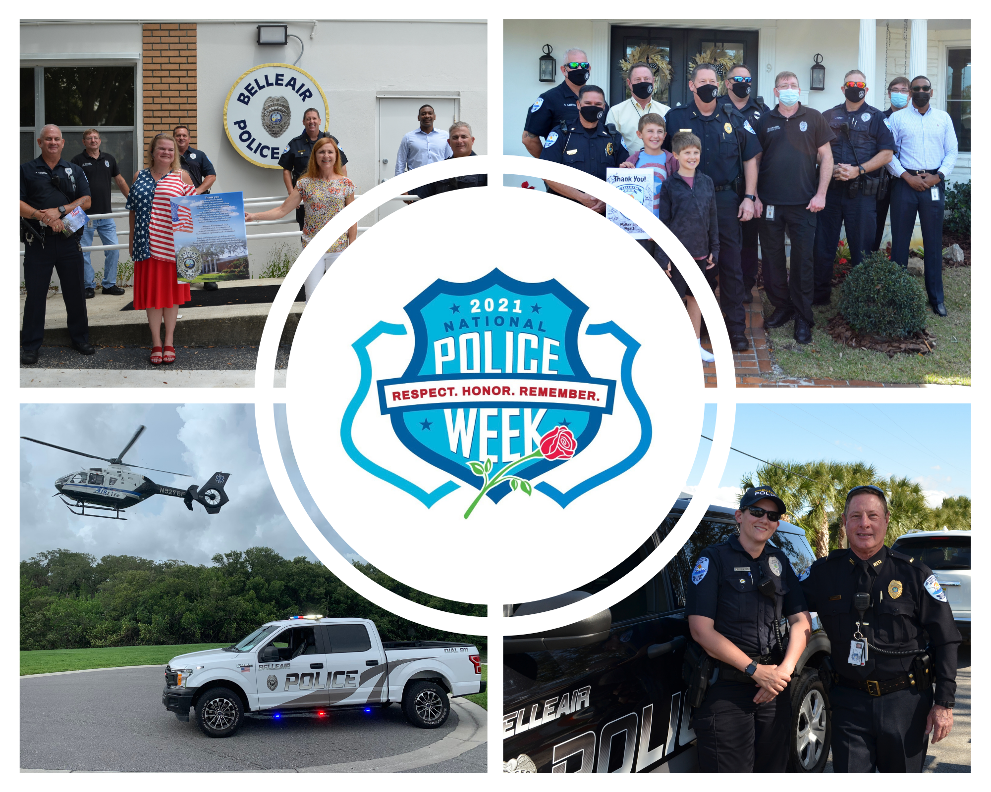 A collage of police officer photos with a logo: 2021 National Police Week. Respect. Honor. Remember.