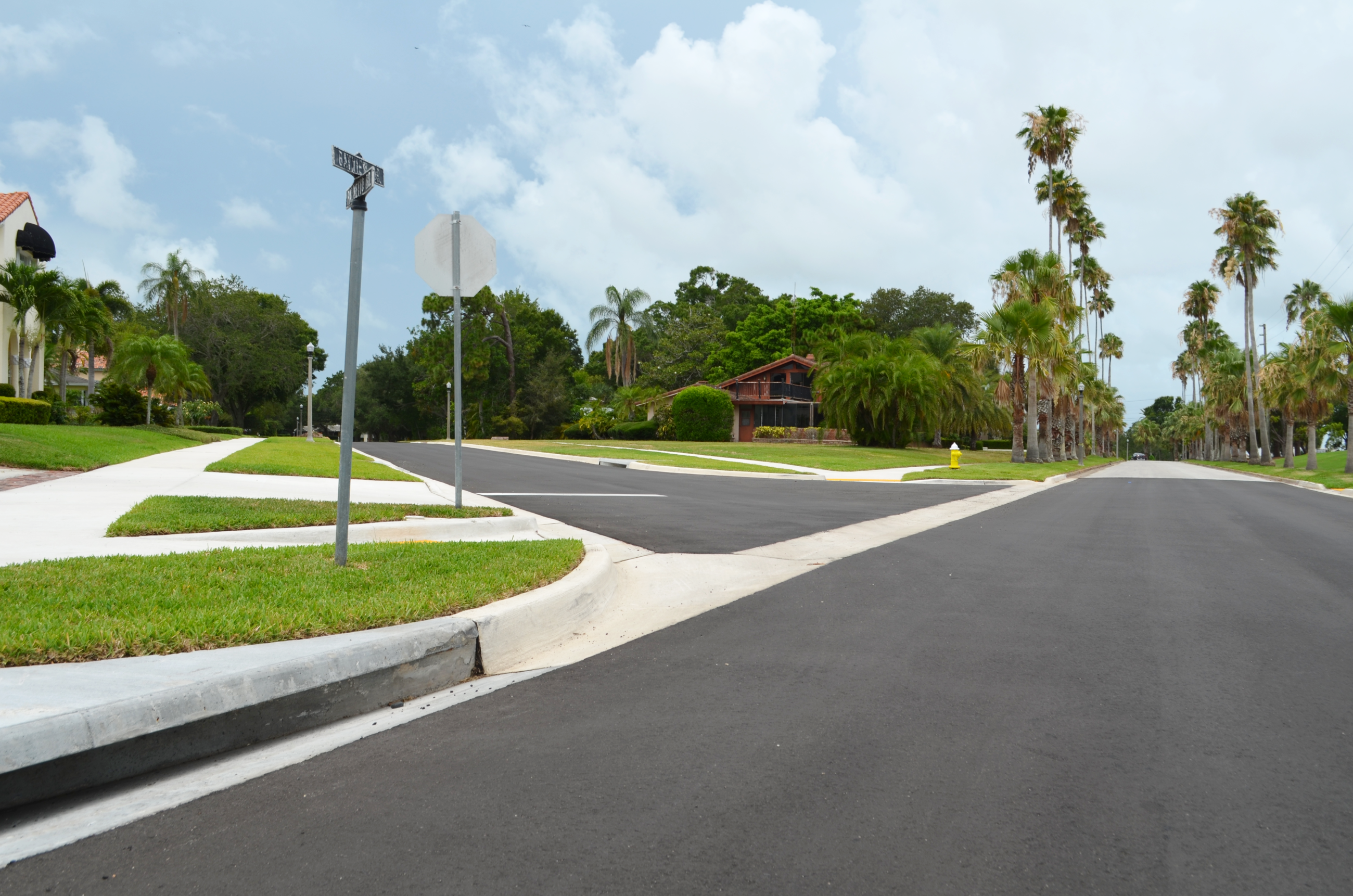 The intersection of Palmetto Road and Bayview drive freshly paved looking up Bayview Drive