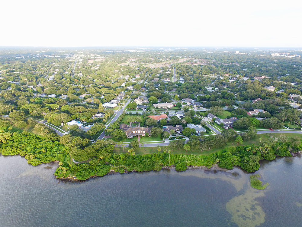 A drone photo of Belleair from the bluff, looking inward to Belleair