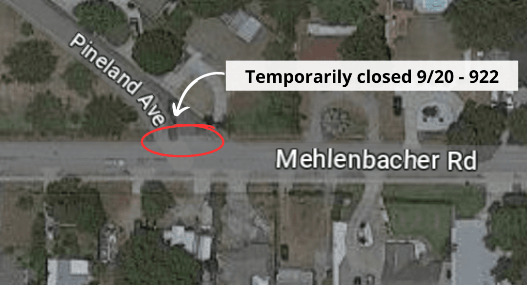 Satellite view of Pineland and Mehlenbacher intersection, marked 